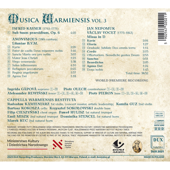 Cappella Wamiensis Restituta - Musica Warmiensis Vol. 3 - DUX2021