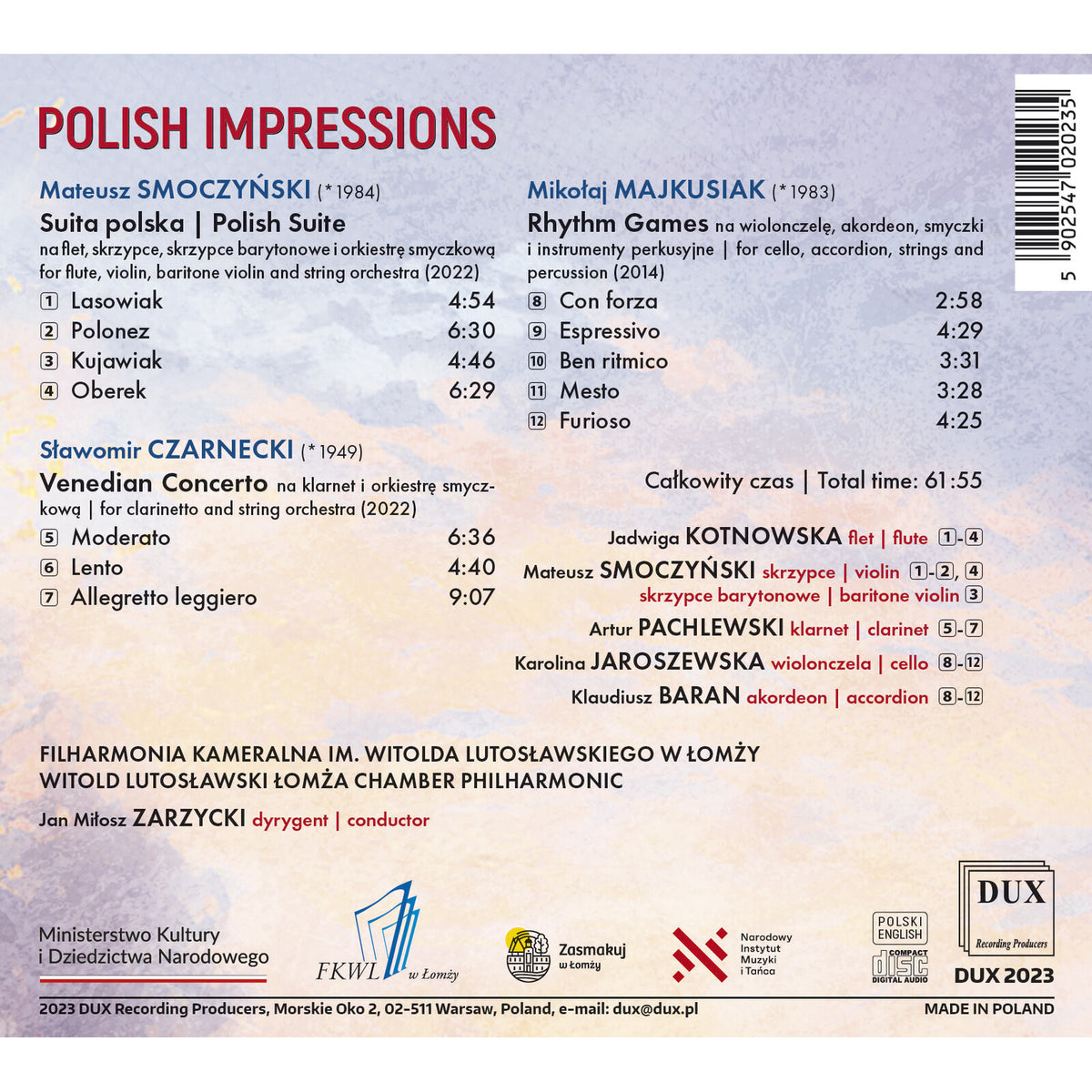 Jan Milosz Zarzycki, Witold Lutoslowski Lomza Chamber Philharmonic - Polish Impressions - Works by Smoczynski, Czarnecki & Majkusiak - DUX2023