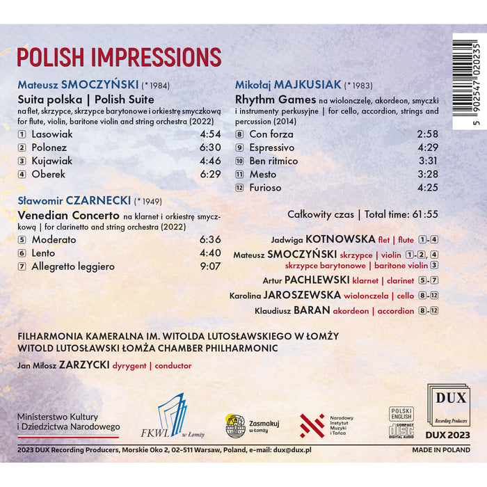 Jan Milosz Zarzycki, Witold Lutoslowski Lomza Chamber Philharmonic - Polish Impressions - Works by Smoczynski, Czarnecki & Majkusiak - DUX2023
