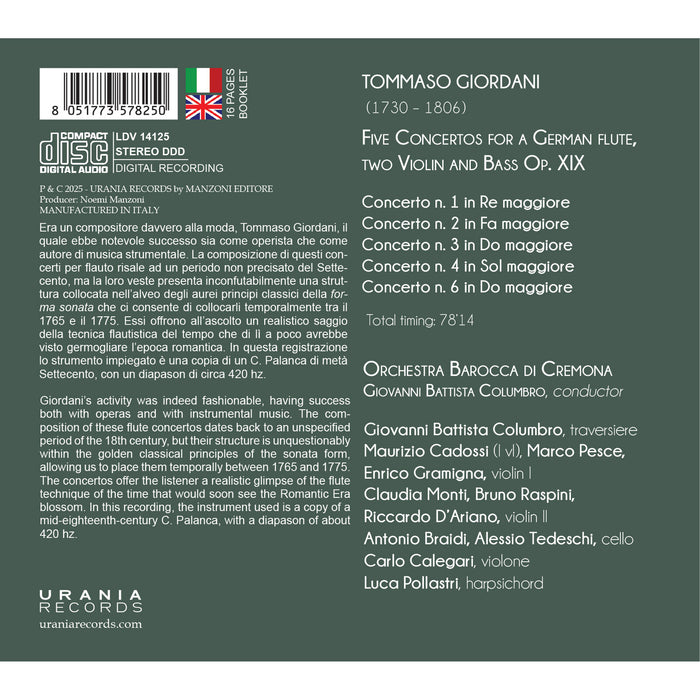 Orchestra Barocca di Cremona; Giovanni Battista Comulbro - Giordani: 5 Concertos Op. XIX - LDV14125