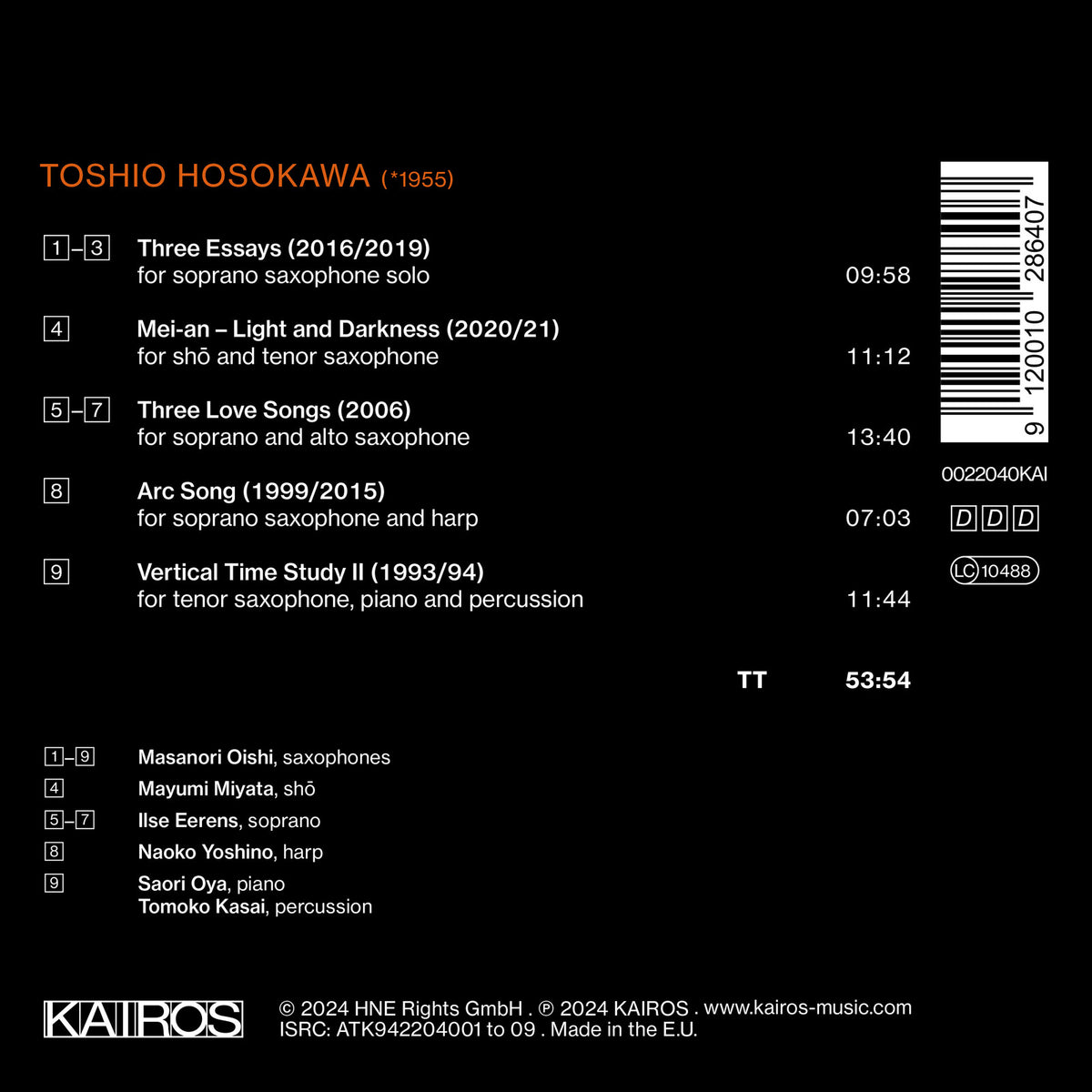 Ilse Eerens, Tomoko Kasai, Mayumi Miyata, Masanori Oishi, Saori Oya, Naoko Yoshino - Toshio Hosokawa: Works for Saxophone - KAI0022040
