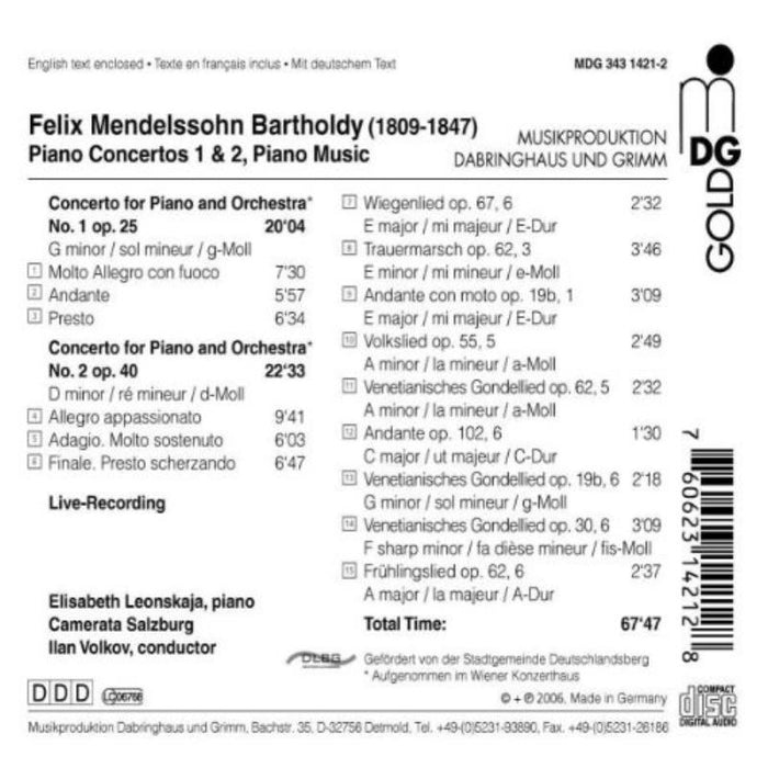 Mendelssohn - Leonskaja/Camerata Salzburg - MDG3431421