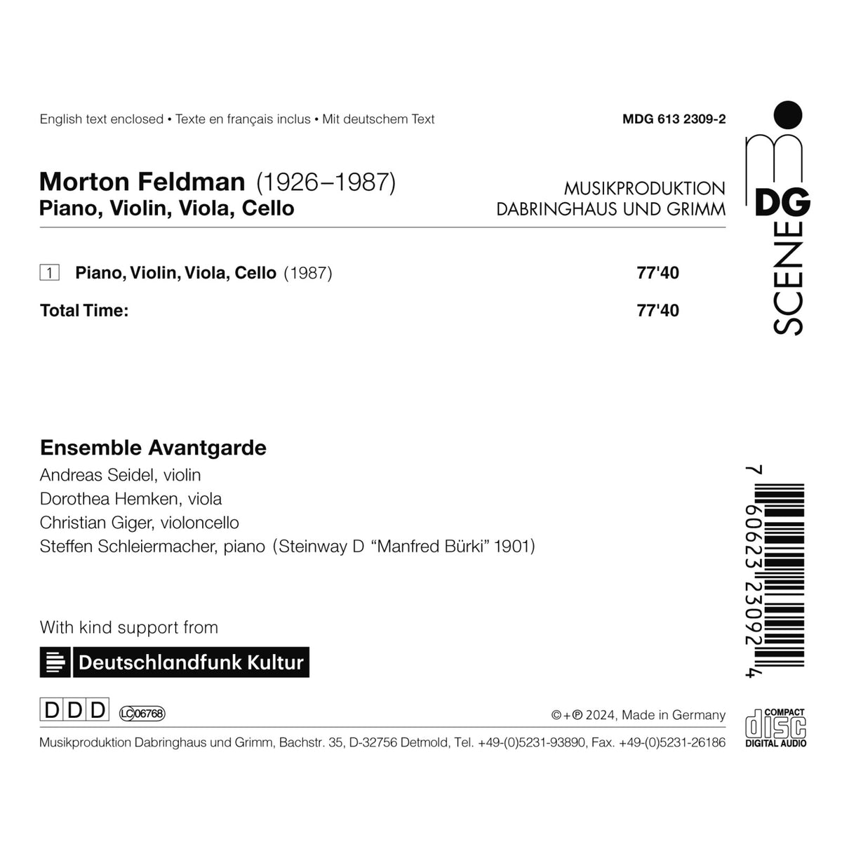 Ensemble Avantgarde - Morton Feldman: Piano, Violin, Viola, Cello - MDG61323092