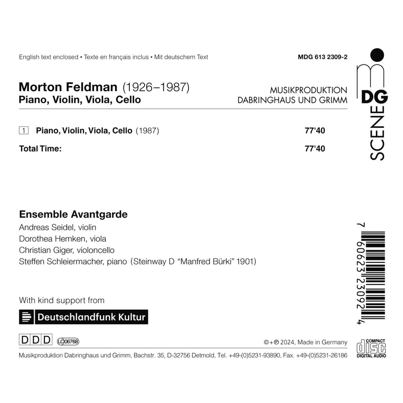 Ensemble Avantgarde - Morton Feldman: Piano, Violin, Viola, Cello - MDG61323092