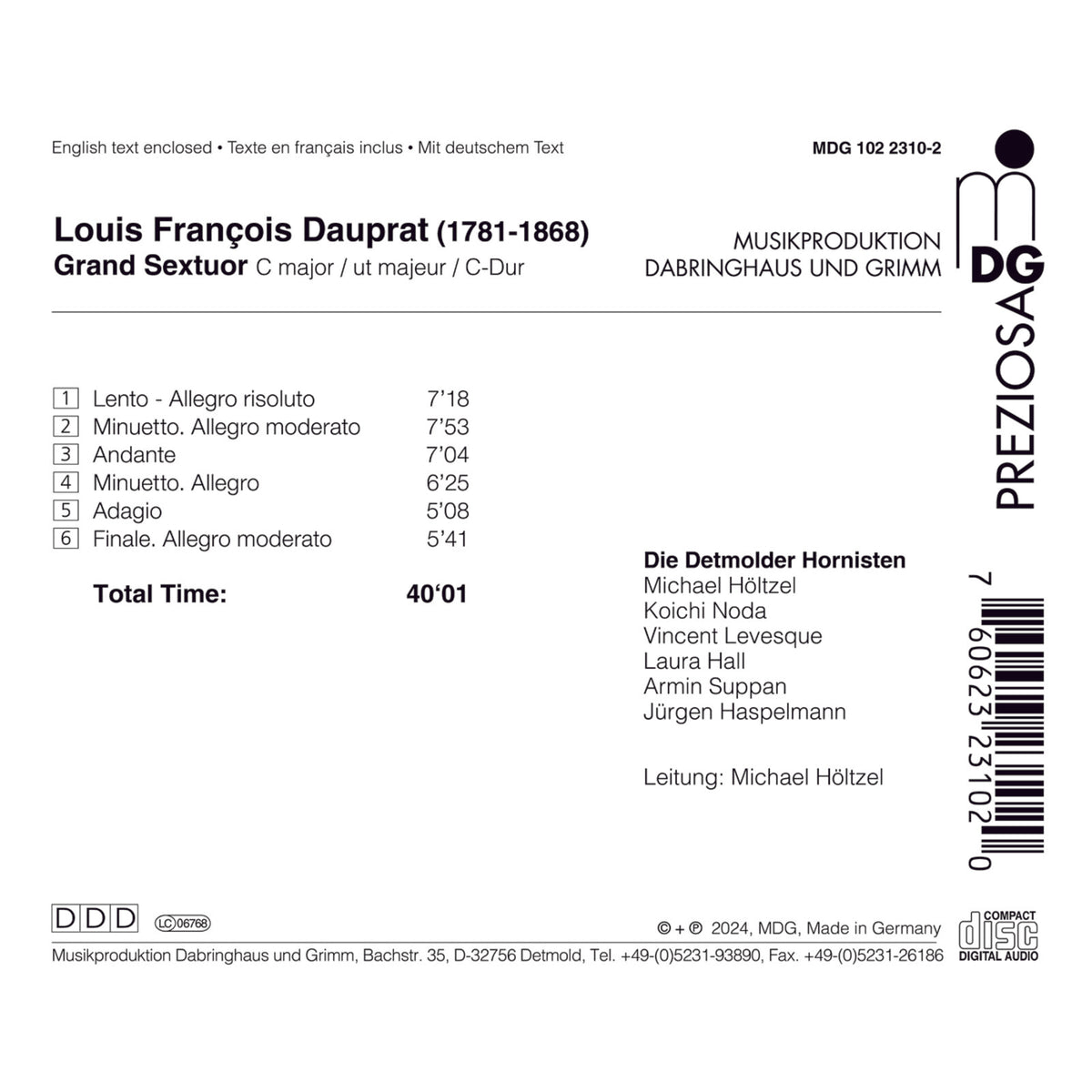 The Detmold Horn Players - Louis Francois Dauprat: Grand Sextuor - MDG10223102