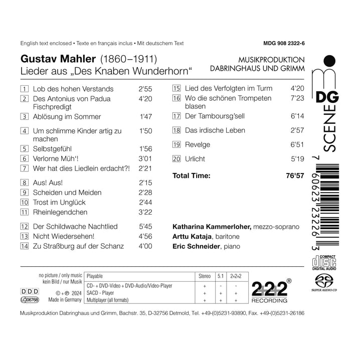 Katharina Kammerloher, Arttu Kataja, Eric Schneider - Gustav Mahler: Des Knaben Wunderhorn - MDG90823226