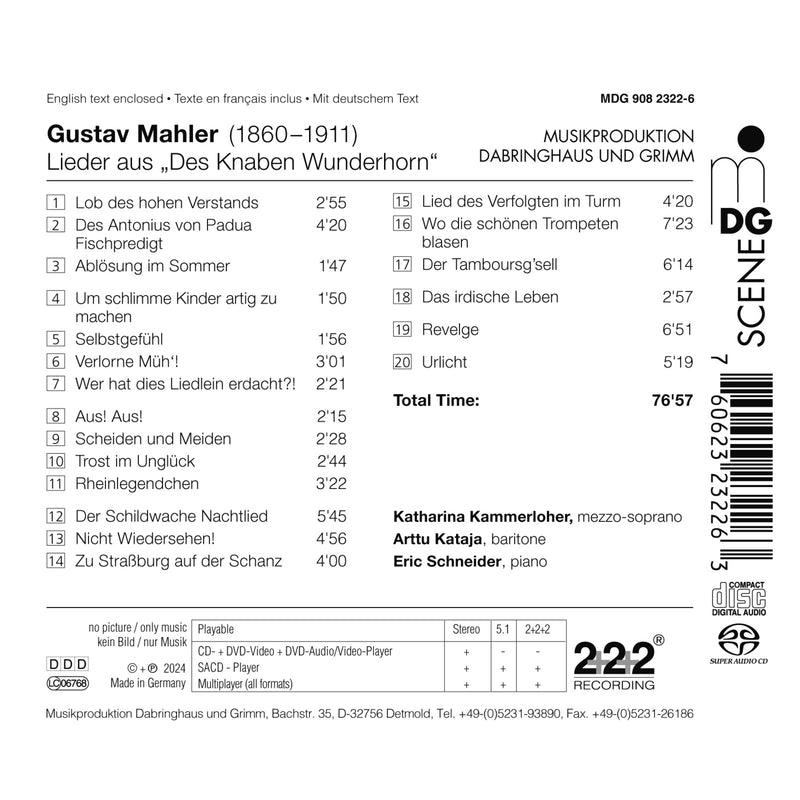 Katharina Kammerloher, Arttu Kataja, Eric Schneider - Gustav Mahler: Des Knaben Wunderhorn - MDG90823226