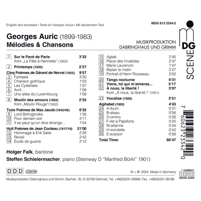 Holger Falk (baritone), Steffen Schleiermacher (piano) - Georges Auric - Melodies & Chansons - MDG61323342