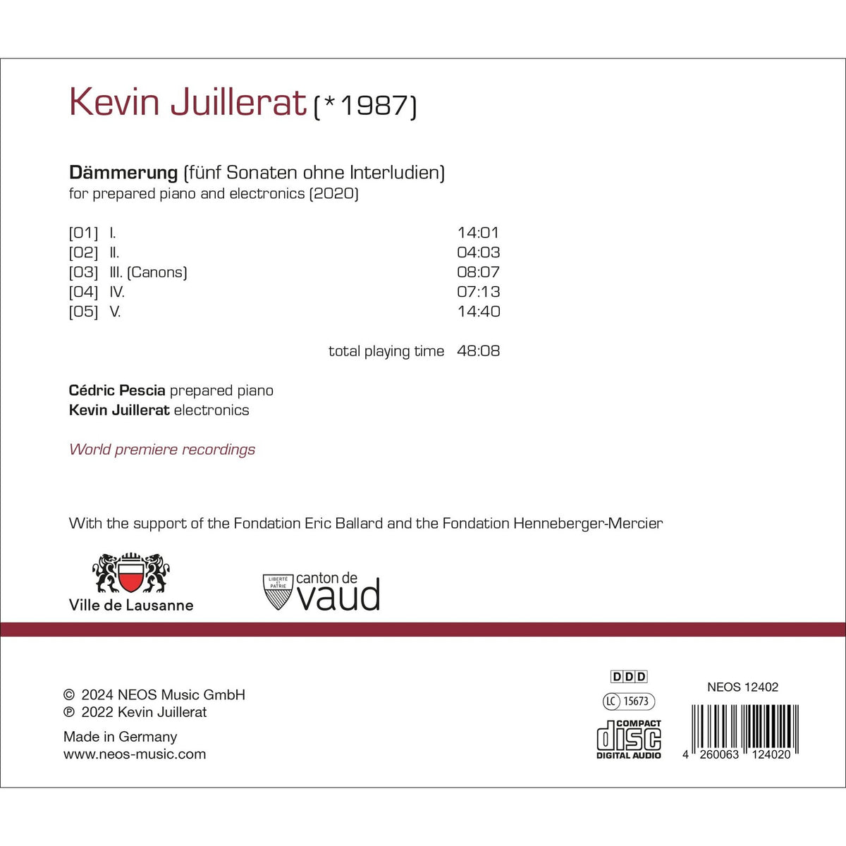 Kevin Juillerat, Cedric Pecia - Kevin Juillerat: Dammerung (funf Sonaten ohne Interludien) - NEOS12402