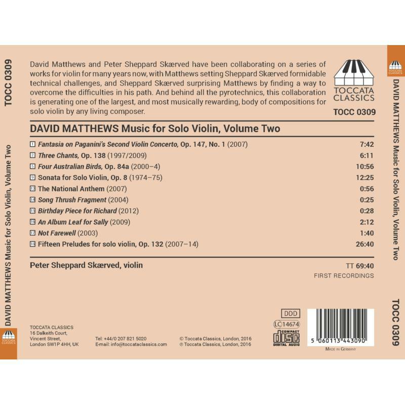 Peter Sheppard Skaeved - David Matthews: Music for Solo Violin, Volume Two - TOCC0309