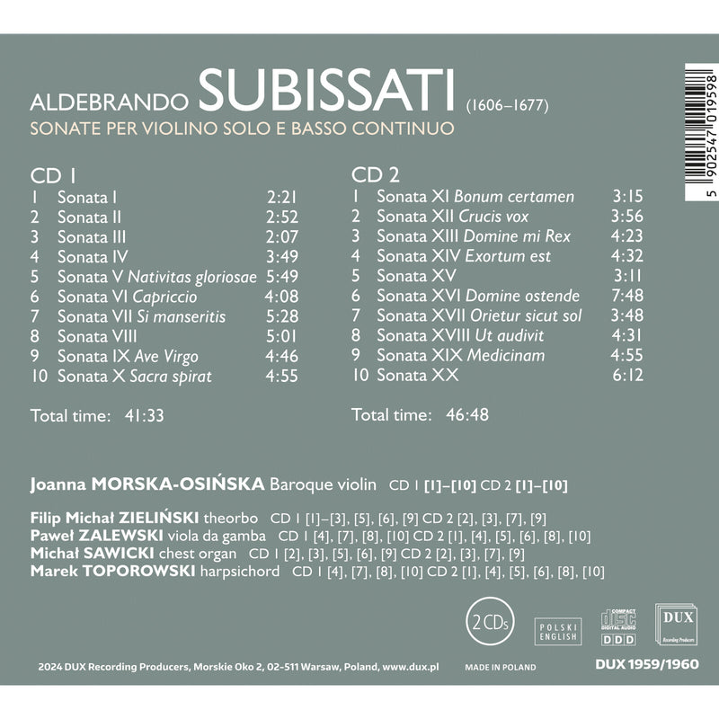 Joanna Morska-Osinska - Aldebrando Subissati: Sonate per violino solo e basso continuo - DUX1959-60