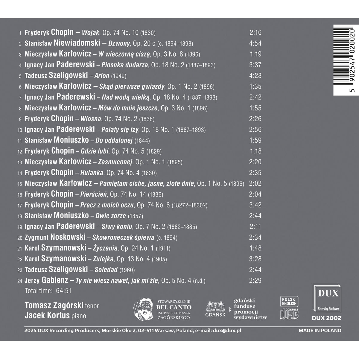 Tomasz Zagorski, Jacek Kortus - Songs (Chopin, Moniuszko, Szymanowski etc.) - DUX2002