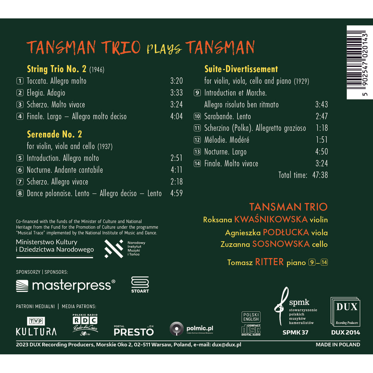 Tomasz Ritter, Tansman Trio - Tansman Trio Plays Tansman - DUX2014