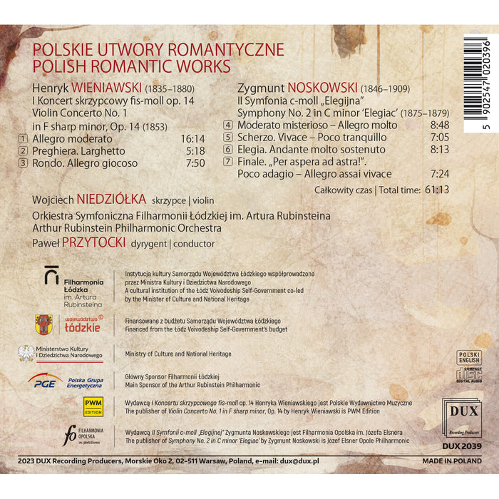 Pawel Przytocki, Lódz Philharmonic Orchestra, Wojciech Niedziolka - Wieniawski: Violin Concerto No. 1 Op. 14 & Noskowski: Symphony No. 2 in C Minor - DUX2039