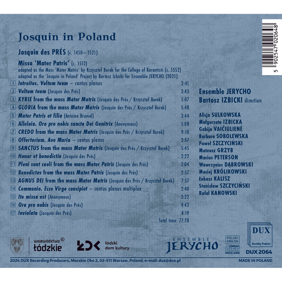 Ensemble Jerycho, Bartosz Izbicki - Josquin in Poland - DUX2064
