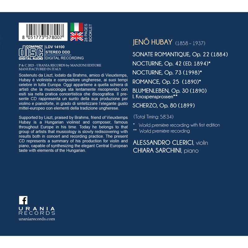 Alessandro Clerici, Chiara Sarchini - Hubay: Works for Violin and Piano - LDV14100