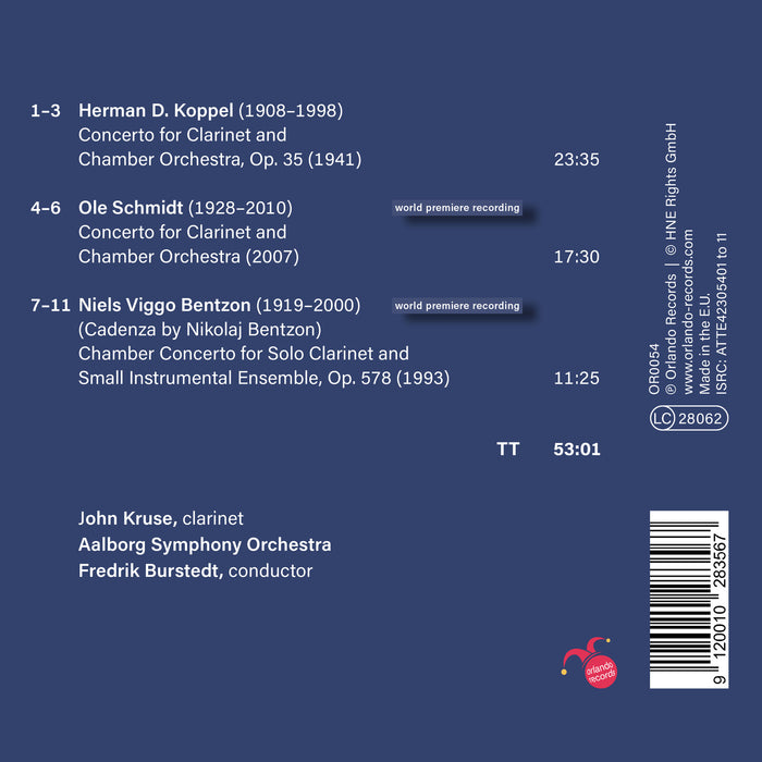 John Kruse, Aalborg Symphony Orchestra, Fredrik Burstedt - Koppel, Schmidt & Bentzon: Clarinet Concertos - OR0054
